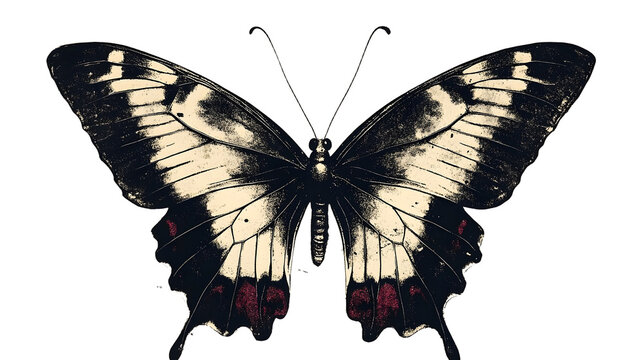 Grunge vintage butterfly in halftones. Aesthetic graphic tattoo. Gothic punk poster.Trendy elements with retro photocopy effect.