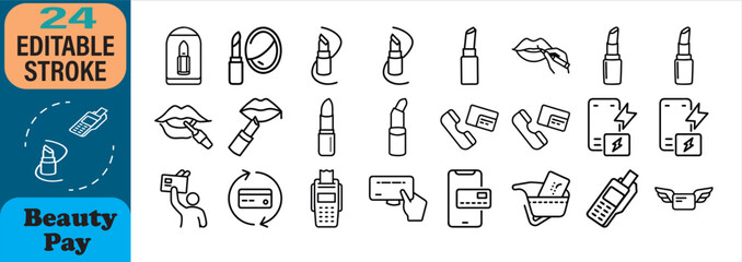 Elegant line art icons representing beauty products and payment processing methods seamlessly