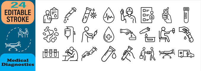 Medical diagnostics icons in editable stroke style with blood tests and health analysis