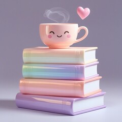 Fototapeta premium The design features three pastel rainbow books, a pink teacup, and a heart-shaped steam puff, arranged in glossy PBR materials with a white border and faint drop shadow.