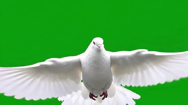 Graceful white dove with wings spread flying against green screen background