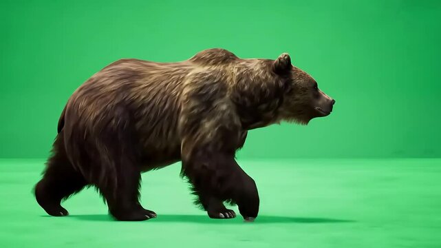Grizzly bear walking across green screen for compositing and special effects projects