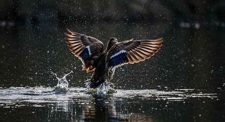 Obraz premium Duck taking flight over water