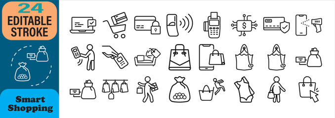 Set of twenty four editable stroke smart shopping icons representing modern e-commerce