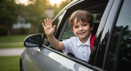 Excited Schoolboy Waving from Car Window Happy Kid's First Day of School Transportation and Education Concept Safety and Innocence