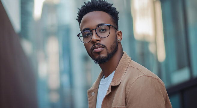 Jovem confiante com oculos em ambiente moderno