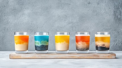 Fototapeta premium Colorful layered shot glasses arranged on a wooden board