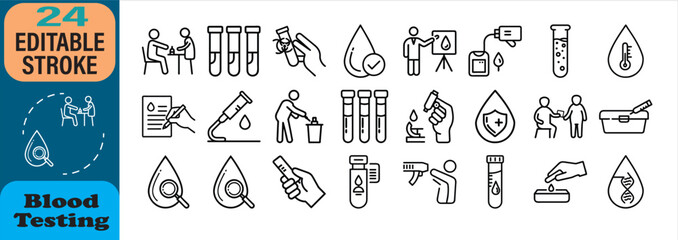 Vector icons of blood testing and medical analysis for healthcare and diagnostic purposes