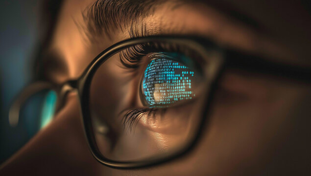 Um close do olho de uma pessoa com c&oacute;digo digital refletido nos &oacute;culos.
