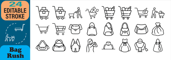 Vector illustrations of shopping carts backpacks handbags and bag collection with editable stroke