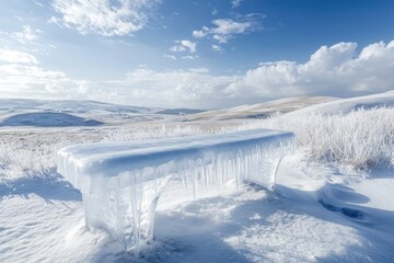 A snow-covered bench, encased in thick ice with icicles hanging from its edges, sits in a vast, frosty landscape under a vibrant blue sky dotted with fluffy clouds