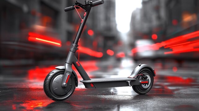 Modern electric scooter on a city street, wet pavement, urban commute - Powered by Adobe