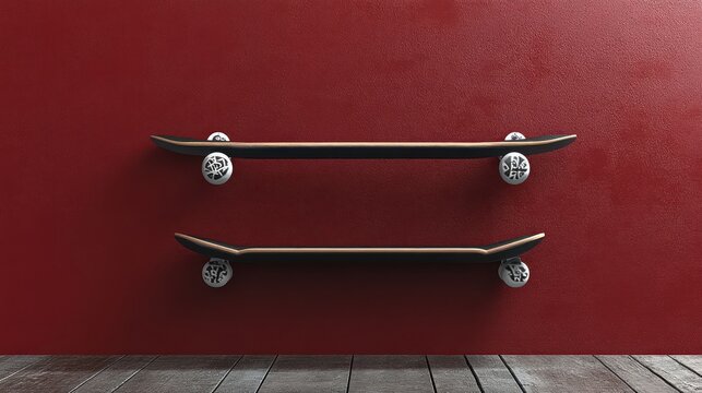 Two skateboards mounted as wall shelves against a red wall - Powered by Adobe