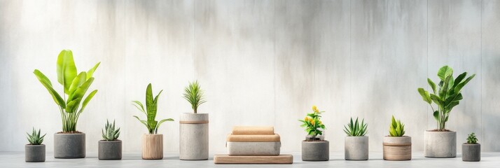 Indoor plant display with various houseplants in modern concrete pots