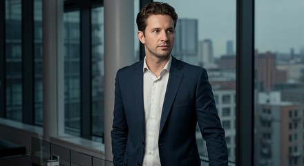 Fototapeta premium Confident Young Businessman in Modern Office, Cityscape Background - Professional Portrait Photography