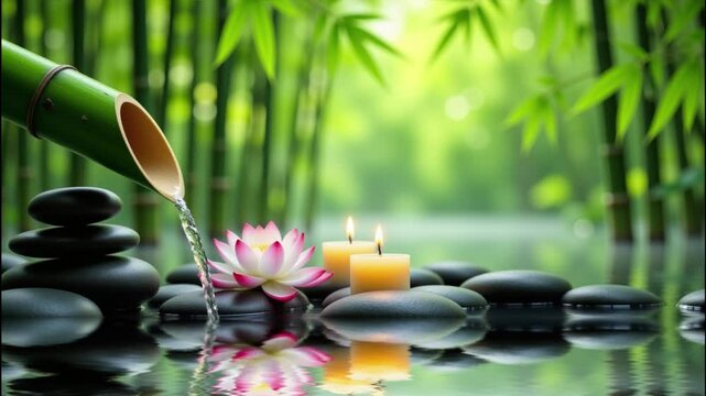 Tranquil water feature with smooth stones and daisies. A bamboo tube channels water into a shallow pool. Peaceful garden scene