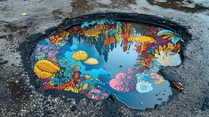 Pothole Filled With Water Reflecting a Colorful Coral Reef Scene Showing Environmental Contrast and Surreal Urban Beauty and Nature Juxtaposition