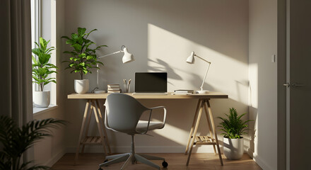 Sunlit Home Office Workspace Minimalist Design Desk Plants Laptop Work From Home Cozy Atmosphere