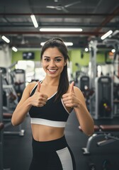 Fototapeta premium Smiling woman thumbs up gym fitness