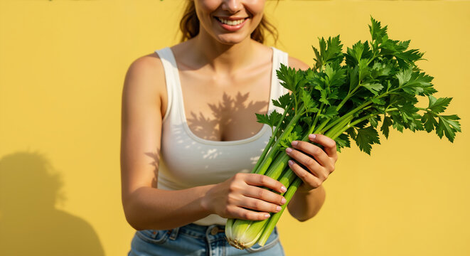 Smiling woman in white tank top holding fresh celery bunch against bright yellow background. Healthy eating concept for culinary workshops, farmers markets and plant-based diet promotions
