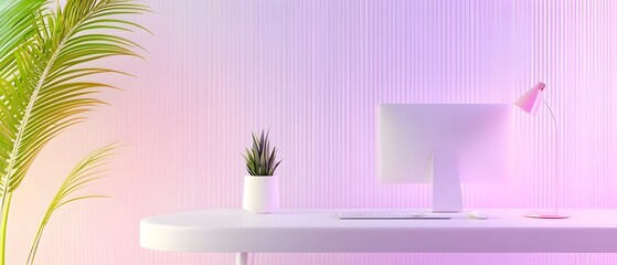 A computer desk with a white computer monitor and a small potted plant