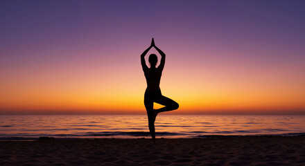 Silhouette of woman doing tree yoga pose on beach during colorful sunset. Wellness and mindfulness concept for yoga retreats, meditation practices and mental health awareness
