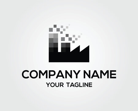 Factory industry logo template black pixelated chimney business identity vector abstract design brand for company name