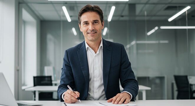 Confident Businessman Signing Documents at Desk in Modern Office
