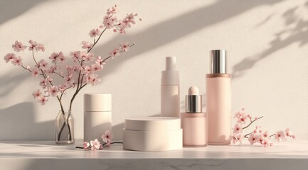 Minimalist skincare product display with pale pink containers, delicate cherry blossoms, and soft, sunlit background