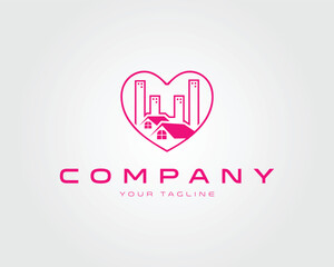 House and cityscape silhouette within pink heart vector template for real estate brand identity