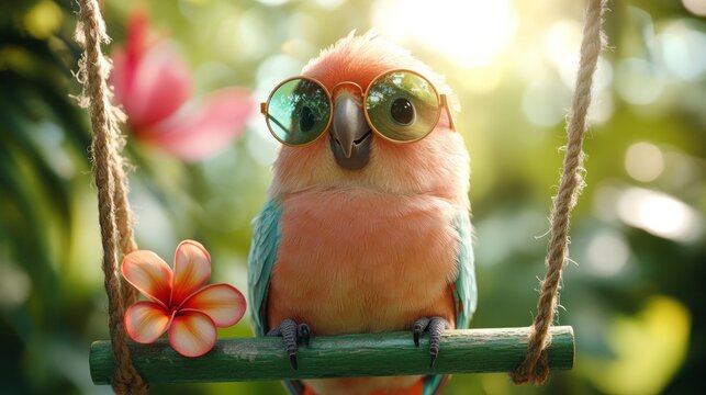 Playful parrot perched on a swing, tropical setting