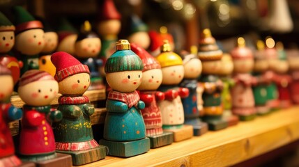 Naklejka premium Row of Wooden Christmas Figurines Displayed on a Shelf with Bokeh