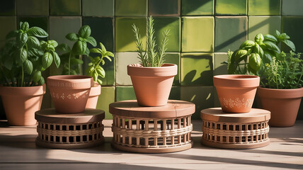 Obraz premium Potted Plants on Woven Stand with Green Tile Background