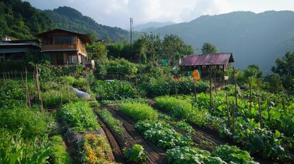 Rural hillside farmstead with lush vegetable gardens.