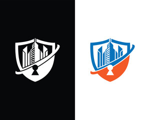 Security vector template featuring cityscape buildings with keyhole within a shield for real estate protection services
