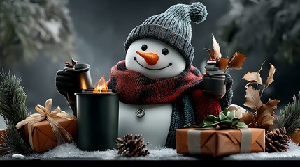 there is a snowman with a hat and scarf holding a lit candle