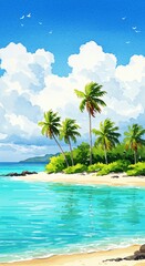 Tropical Island Beach Scene Palm Trees Ocean