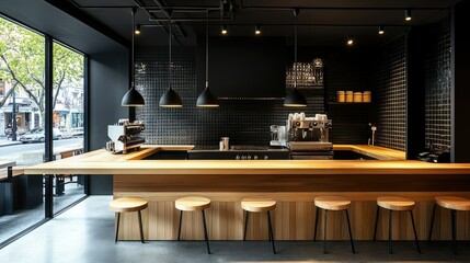Black and wood kitchen with minimalist lines, pendant lighting, and a spacious wood breakfast bar with stylish stools
