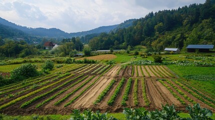 A tranquil rural landscape of cultivated farmland.
