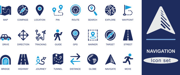 Navigation icon set in flat style. Includes map, compass, location, GPS, pin, route, tracking, target, direction, guide, explore, and distance symbols.
