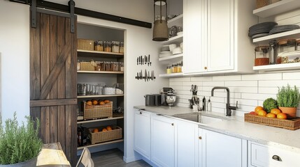 Compact modern kitchen with built-in storage, farmhouse barn door pantry, and antique-inspired decor