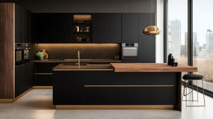 Contemporary kitchen featuring black cabinetry, butcher block island, and gold hardware for a warm-modern blend
