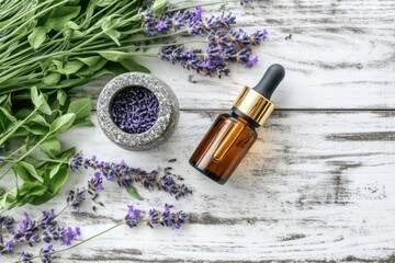 Amber glass dropper bottle of lavender essential oil sits on rustic white wood, surrounded by fresh lavender sprigs and dried lavender buds in a small grey stone bowl