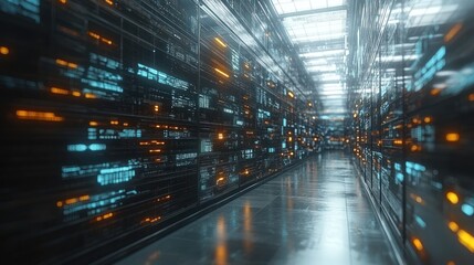 Futuristic server room with glowing code