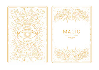 Modern magic witchcraft frames with floral elements and ornament. Decorative floral back and face card design. Vector illustration