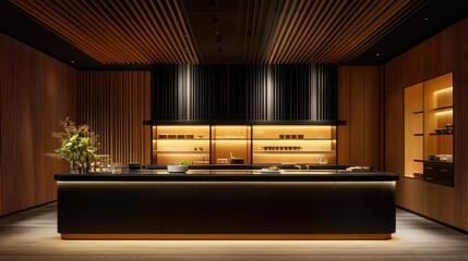 Elegant matte black kitchen with vertical wood slat detailing, ambient lighting, and high-contrast surfaces