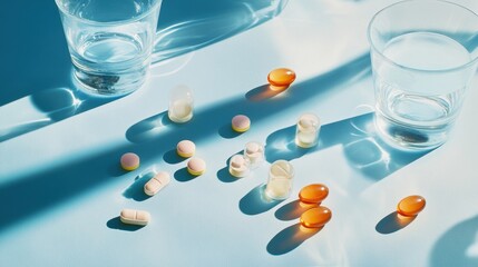 Pills and glasses on a blue surface