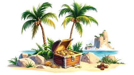 Obraz premium Tropical island with open treasure chest, palm trees and rocks. Vector cartoon illustration isolated on white background