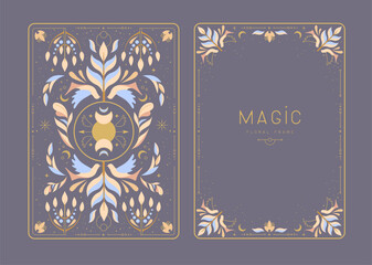 Modern magic witchcraft frames with floral elements and ornament. Decorative floral back and face card design. Vector illustration