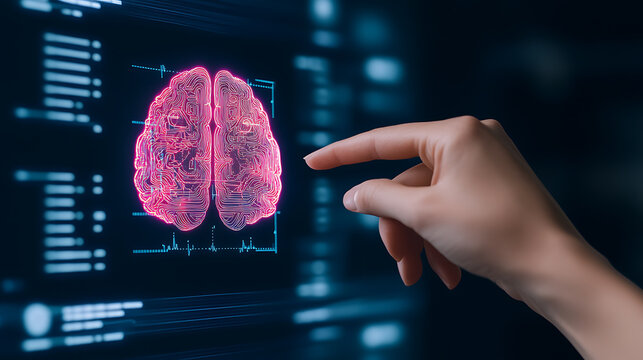Brain Interface Interaction: A person interacts with a holographic brain display, symbolizing advanced technology and cognitive research. Neural pathways glow in pink.